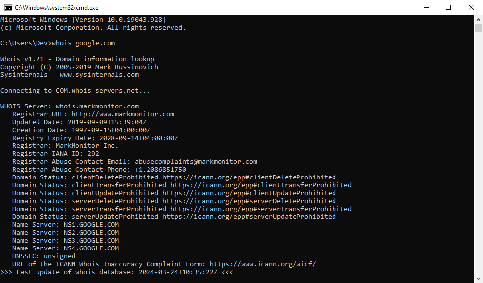Windows WHOIS Command Example